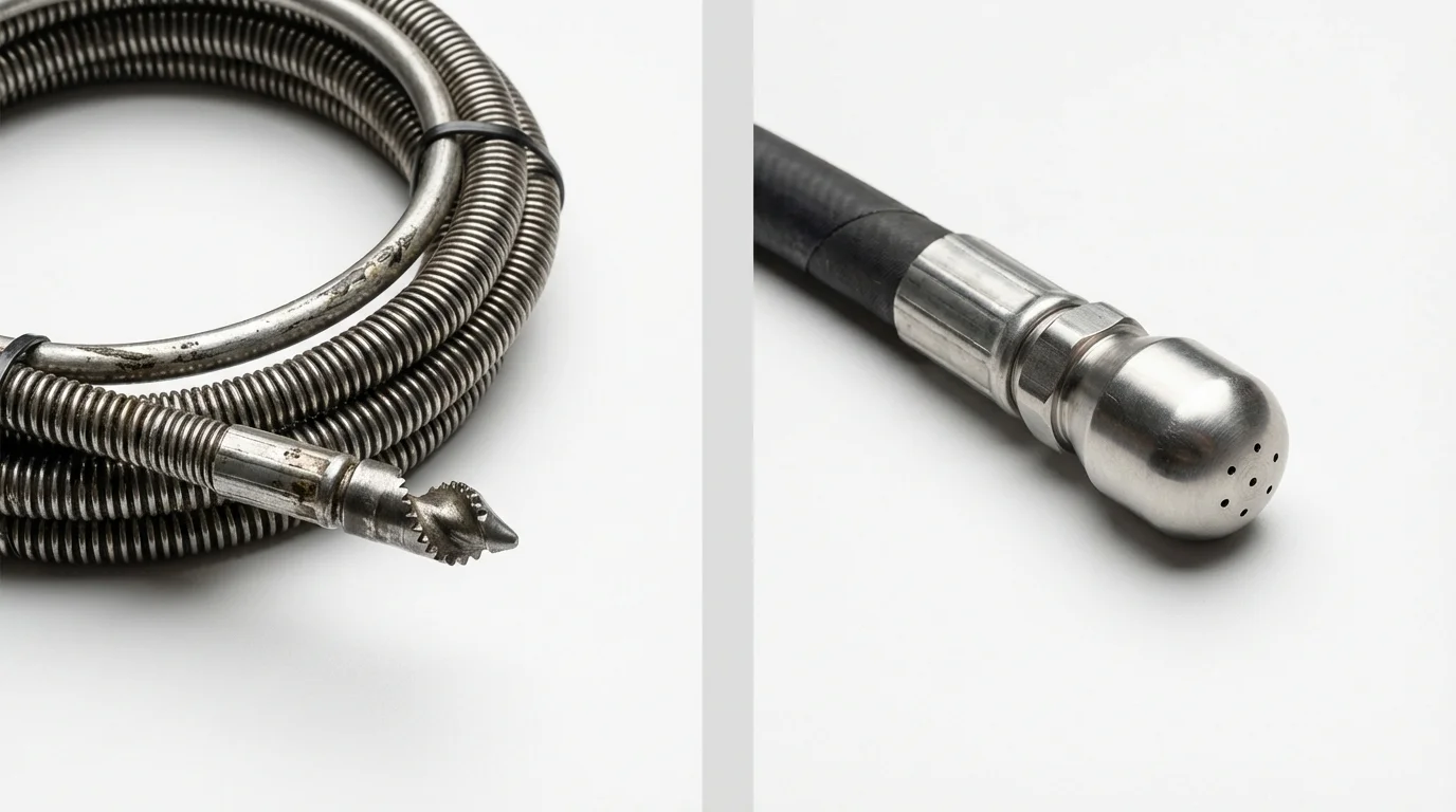 Drain snake cable and hydro jetting nozzle used for drain cleaning in Lexington, TX