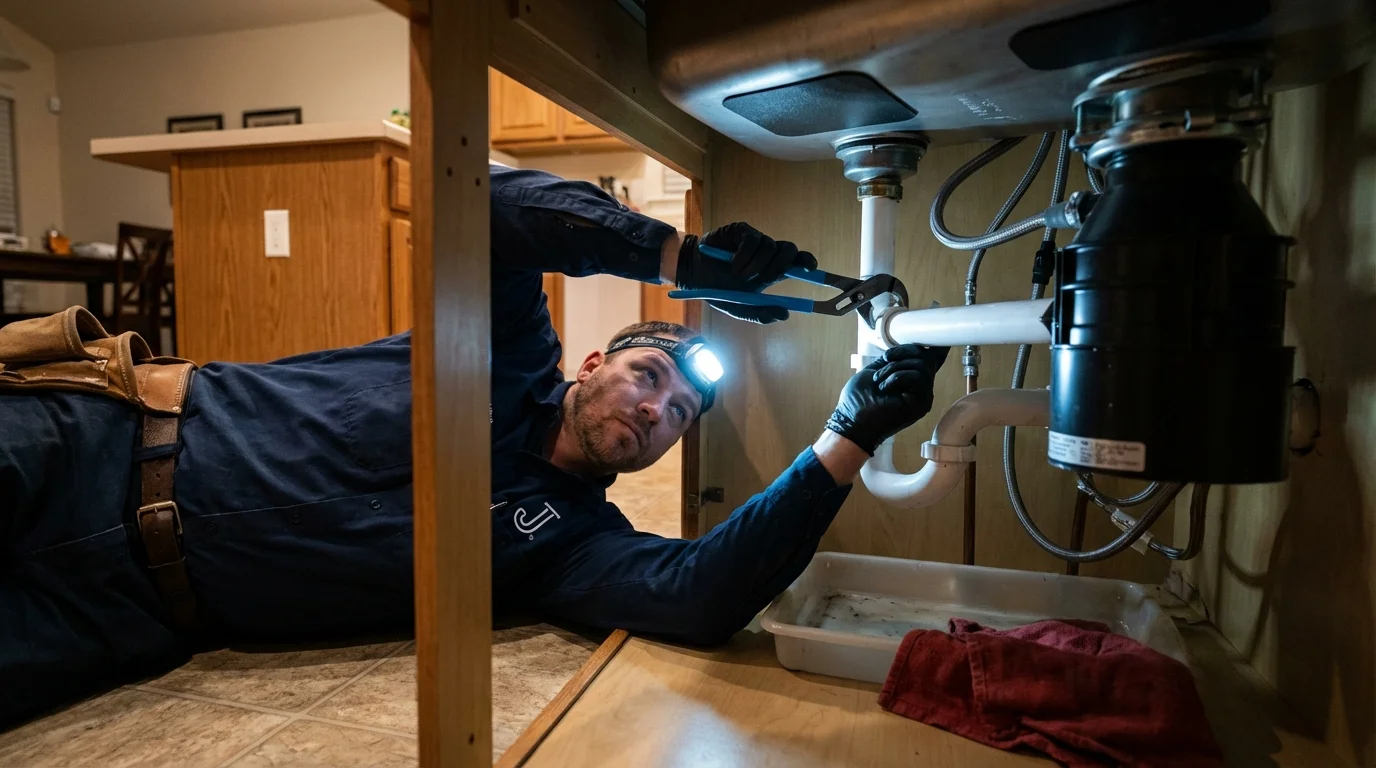 P-trap and supply line connections under a kitchen sink showing a common leak point in Lexington, TX